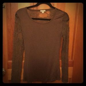 Brown Shirt w/ Lace Long Sleeve & Sheer Lace Back